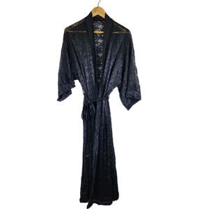 Vintage 80s OLGA Black Maxi Sheer Lace Kimono Sleeve Lingerie Belted Robe L/XL